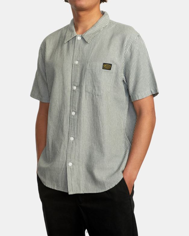 衣類 TP8J1055 バルサムグリーン RVCA 男性 デイシフトストライプⅡ半袖シャツ